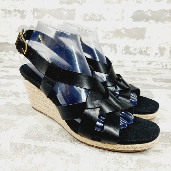 NEW Cole Haan Crystal Black Leather Buckle Sling Back Summer Wedge Sandals H328 - Picture 5 of 14